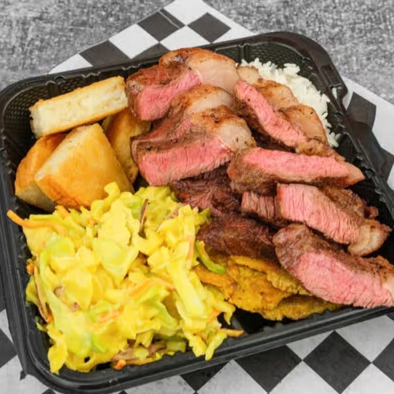 Allstars picanha steak plate with rice, beans and plantains